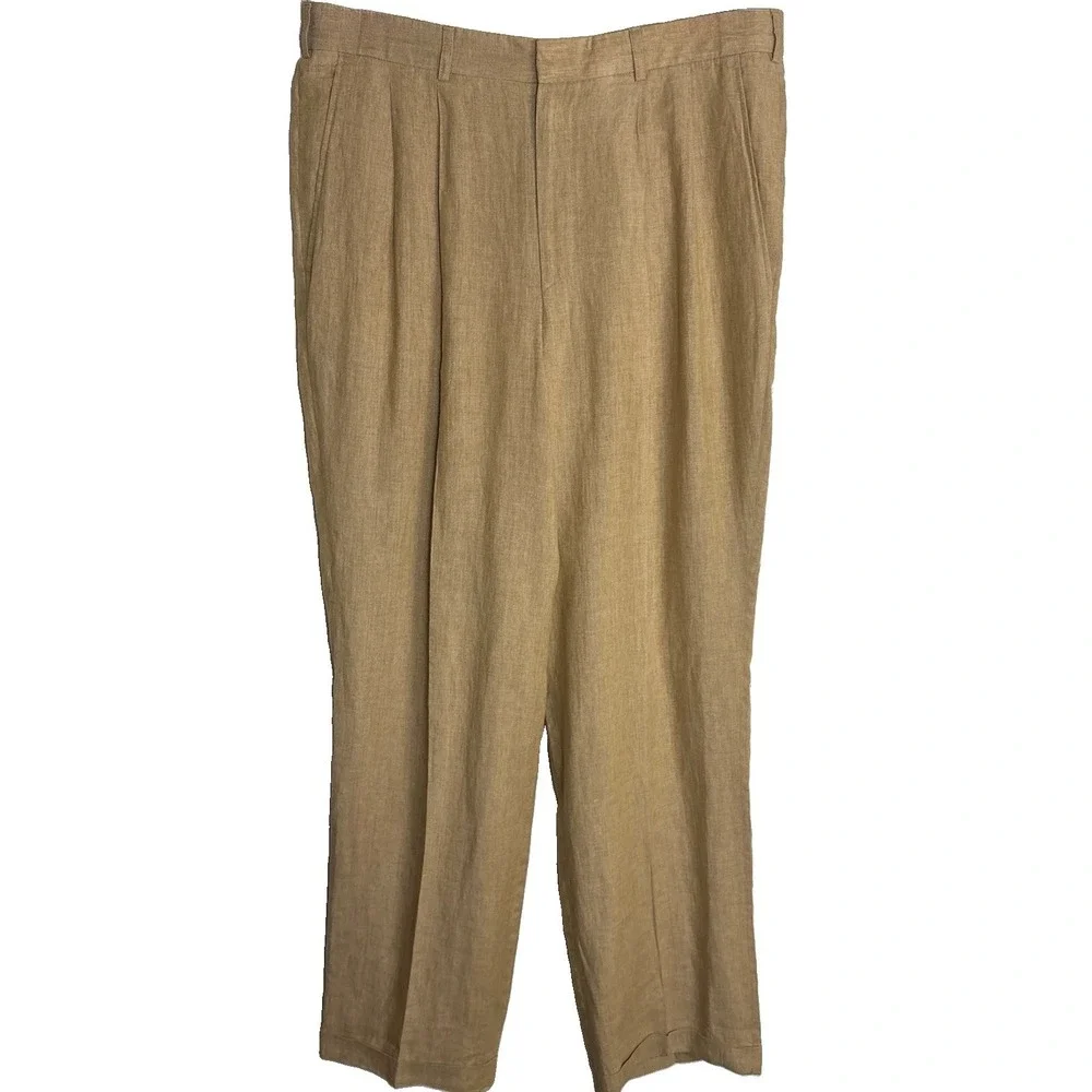Hickey Freeman 100% Linen Trousers Mens 35x33 Tan Italy Pleat Cuffed Dress Pants